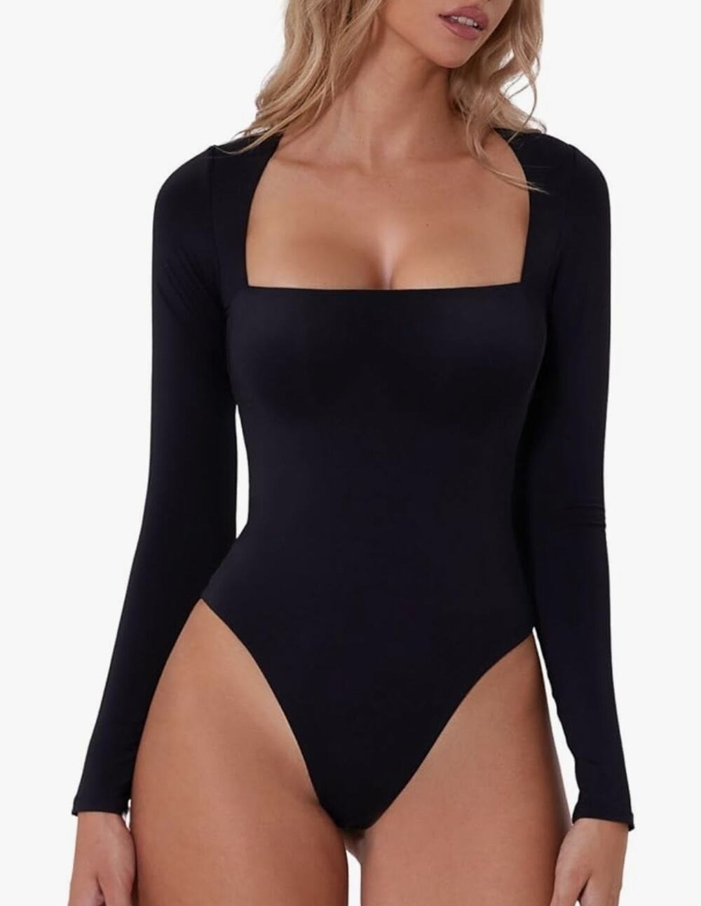 Qinsen Square Neck Long Sleeve Bodysuit NWT XS Top Black Stretchy Snap High Cut